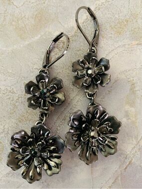 Gunmetal Gray Floral Drop Earrings